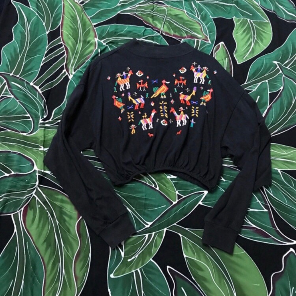Black & Rainbow Hand-Embroidered Crop Top Guatemalan Folk Art - S
